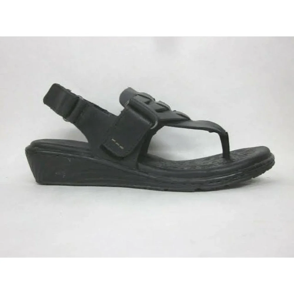 Born Karis Womens Black Leather Thong Wedge Sandals Laser Cut Cage Size 8